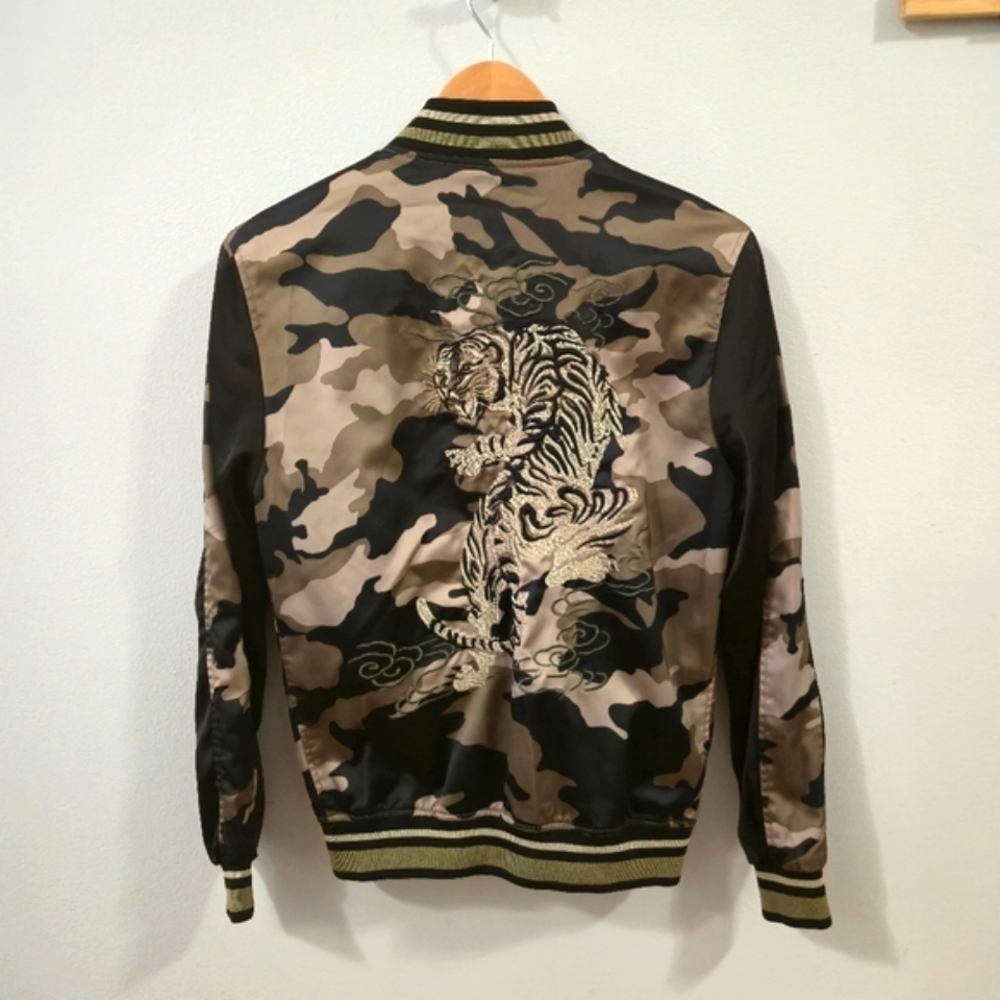 Zara Men Tiger embroidered Camo Bomber Sukajan Jacket size S